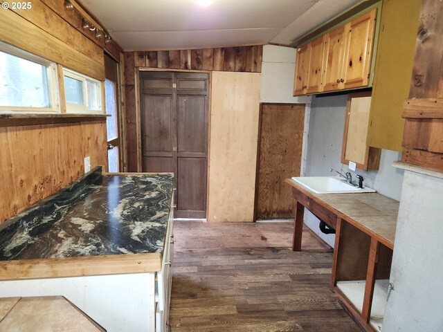 82284 Hillview Dr, Creswell, OR 97426 - kitchen featuring a sink, wooden walls, rail lighting, tile countertops, and dark wood-style flooring