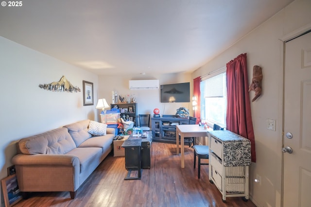 living room featuring a wall mounted air conditioner and dark hardwood / wood-style flooring