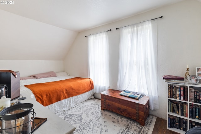 bedroom featuring vaulted ceiling and wood finished floors