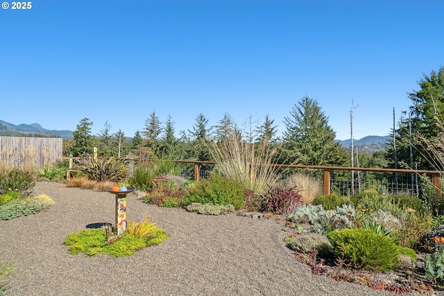 view of yard with a mountain view and fence