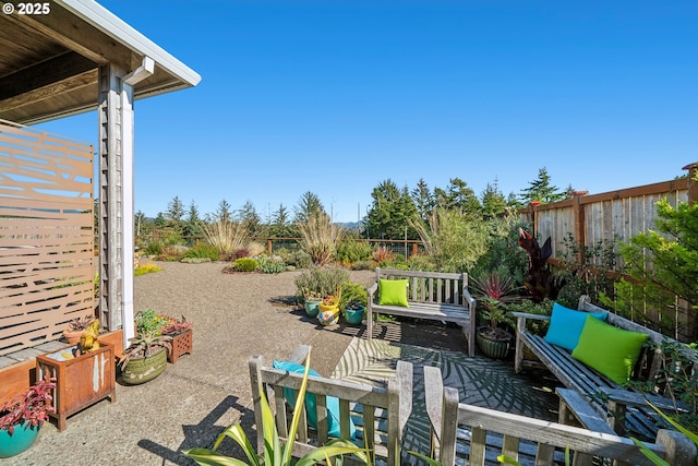 view of yard featuring a fenced backyard, a patio area, and outdoor lounge area