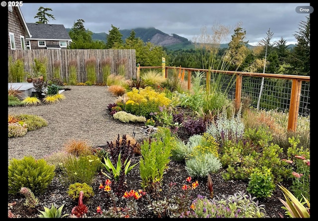 view of yard with fence and a mountain view