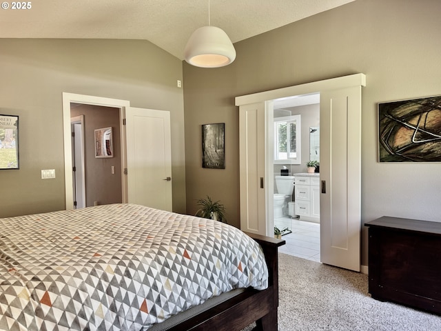 24035 SW Mountain Creek Rd, Sherwood, OR 97140 - bedroom featuring lofted ceiling, ensuite bathroom, and light carpet