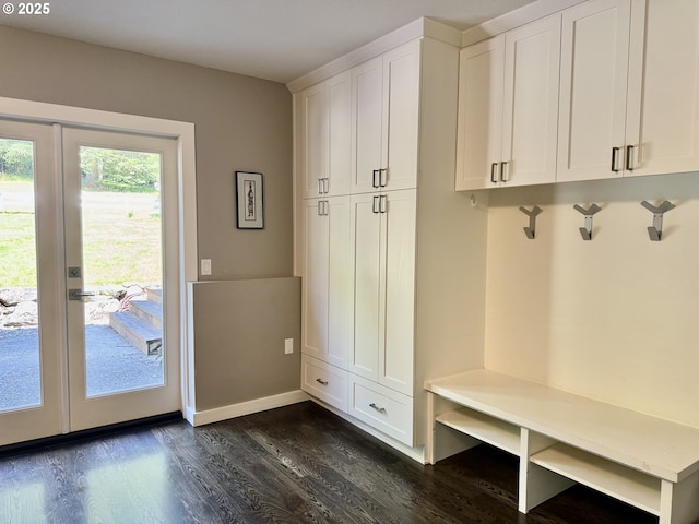 24035 SW Mountain Creek Rd, Sherwood, OR 97140 - mudroom featuring dark wood finished floors, french doors, and baseboards