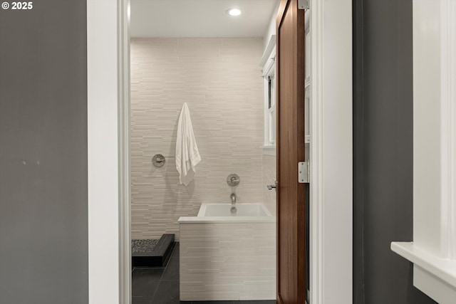 4000 NE Hassalo St, Portland, OR 97232 - full bathroom with tiled bath, tile patterned flooring, and recessed lighting