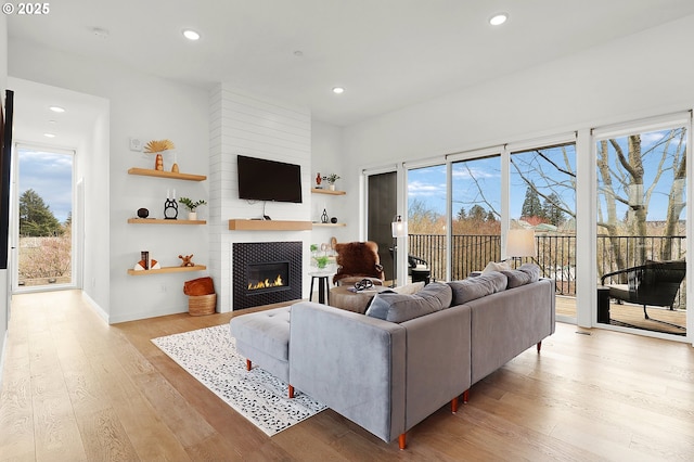 living room with a tile fireplace, light hardwood / wood-style floors, and a healthy amount of sunlight