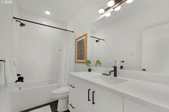 full bathroom with tile patterned floors, vanity, toilet, and shower / tub combo with curtain