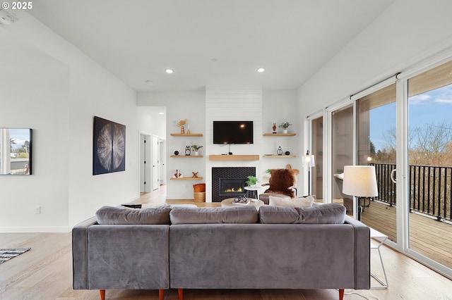 living room featuring a fireplace and light wood-type flooring