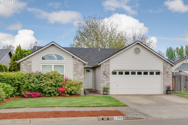 single story home featuring driveway, a front yard, a garage, brick siding, and a shingled roof