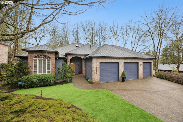 view of front of property with a shingled roof, concrete driveway, brick siding, and an attached garage