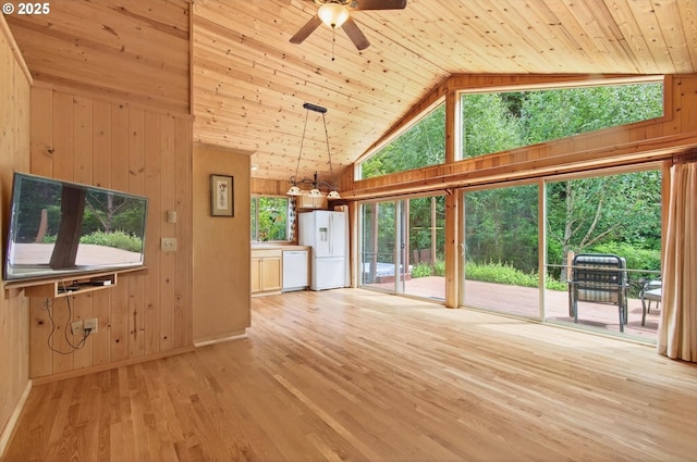 10268 Field Crest Dr, Birkenfeld, OR 97016 - unfurnished living room with wood walls, wood ceiling, high vaulted ceiling, a ceiling fan, and light wood-style flooring