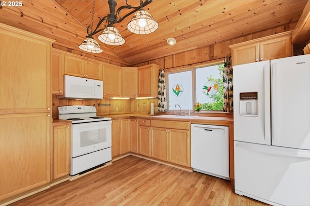 10268 Field Crest Dr, Birkenfeld, OR 97016 - kitchen featuring white appliances, vaulted ceiling, light brown cabinetry, wood ceiling, and light countertops