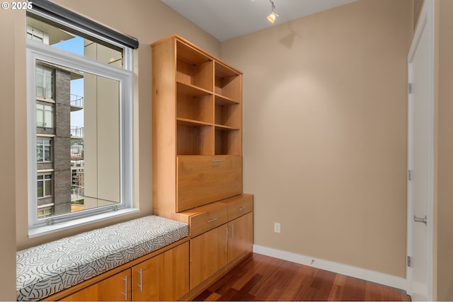 mudroom with dark wood finished floors and baseboards