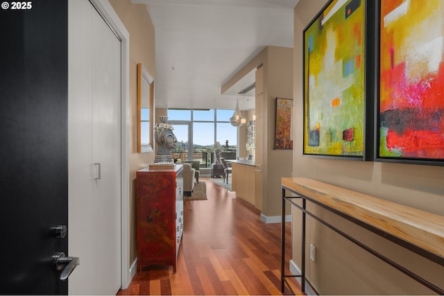 hall with wood finished floors, baseboards, and floor to ceiling windows