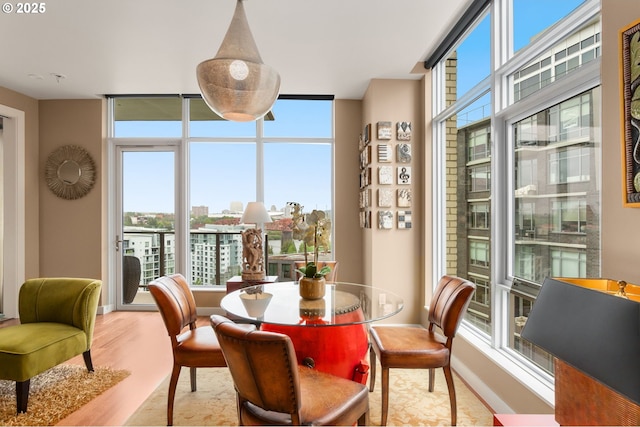 dining area with healthy amount of natural light, wood finished floors, expansive windows, and baseboards