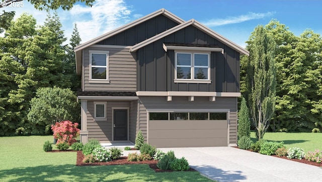 3591 Main St, Forest Grove, OR 97116 - view of front of home featuring board and batten siding, concrete driveway, a garage, and a front lawn