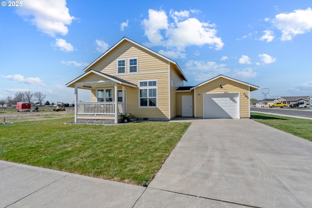 313 Art Kegler Blvd, Boardman, OR 97818 - view of front of house featuring a porch, driveway, a front lawn, an attached garage, and crawl space