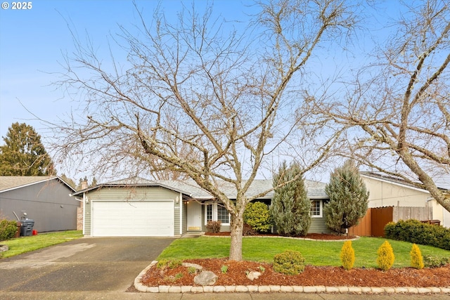 single story home with a garage and a front yard