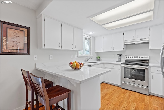 kitchen featuring stainless steel range with electric stovetop, kitchen peninsula, a breakfast bar area, and white cabinets