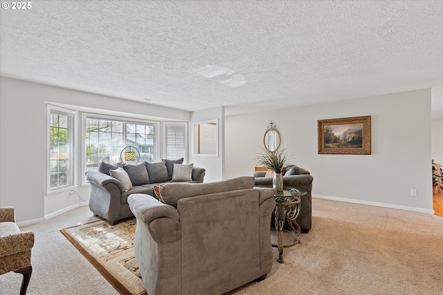 carpeted living room with a textured ceiling