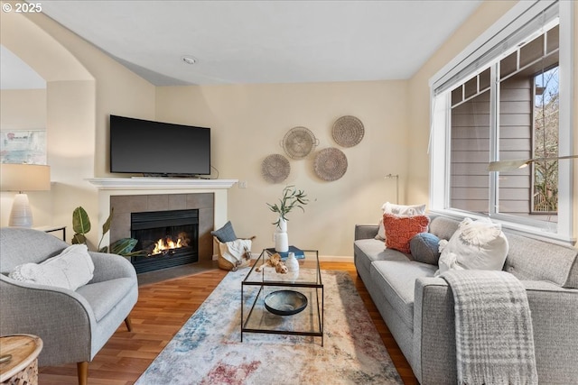 living room with hardwood / wood-style floors and a fireplace