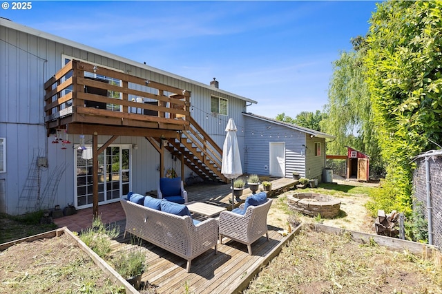 410 W Jefferson St, Carlton, OR 97111 - rear view of property with a deck, an outdoor living space with a fire pit, stairway, and a chimney