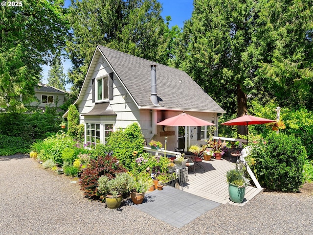 5665 Bonita Rd, Lake Oswego, OR 97035 - rear view of property featuring a wooden deck, roof with shingles, and outdoor dining area