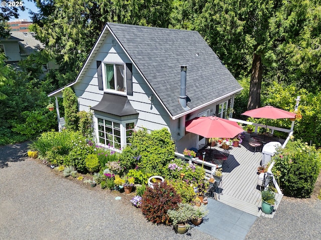 5665 Bonita Rd, Lake Oswego, OR 97035 - view of front facade with a deck, roof with shingles, and outdoor dining space