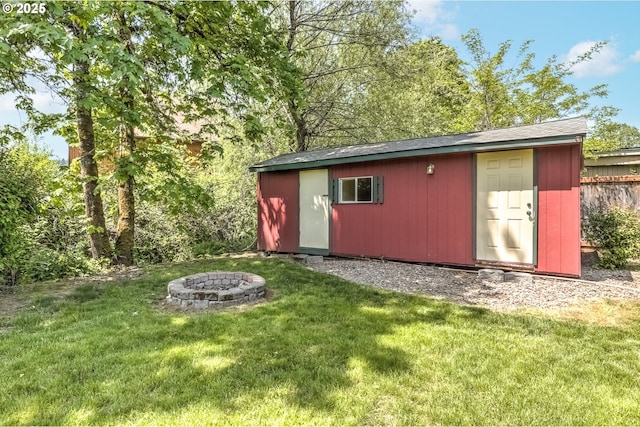 view of shed with an outdoor fire pit