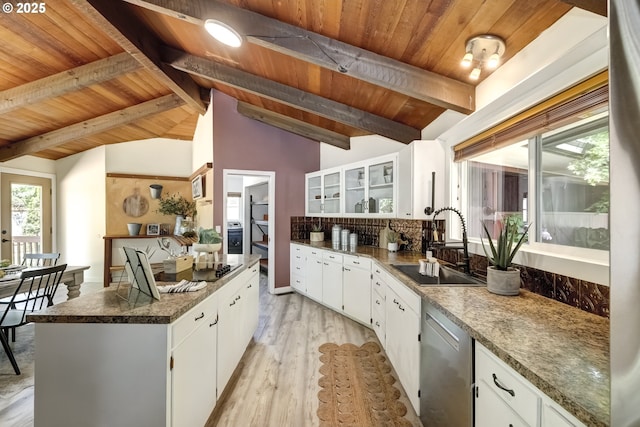 kitchen featuring stainless steel dishwasher, wood ceiling, light wood finished floors, white cabinetry, and glass insert cabinets