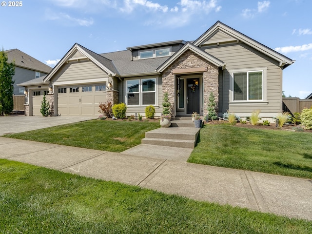 1856 NW Sierra Way, Camas, WA 98607 - view of front facade with stone siding, an attached garage, driveway, and a front yard