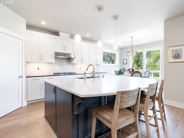 1856 NW Sierra Way, Camas, WA 98607 - kitchen with under cabinet range hood, decorative backsplash, light wood-style floors, white cabinetry, and recessed lighting