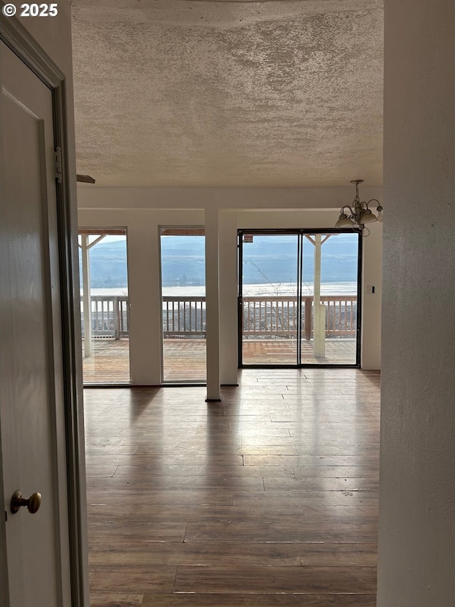 empty room featuring hardwood / wood-style flooring, a water view, a textured ceiling, and an inviting chandelier