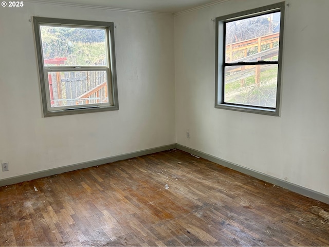 spare room with hardwood / wood-style flooring and ornamental molding