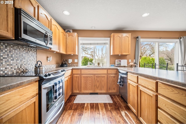 kitchen featuring recessed lighting, a sink, appliances with stainless steel finishes, decorative backsplash, and dark wood finished floors