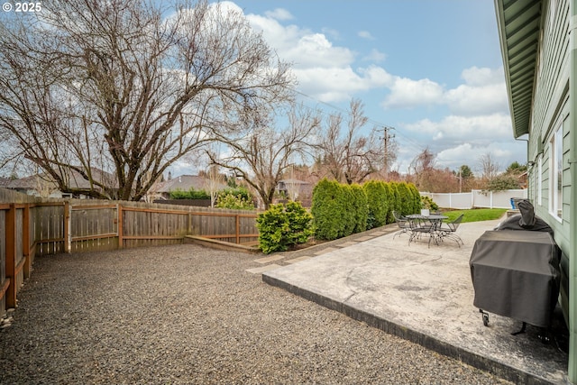view of yard with a patio area, a fenced backyard, and outdoor dining space