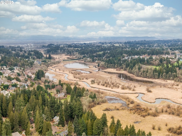 drone / aerial view featuring a water view and a forest view