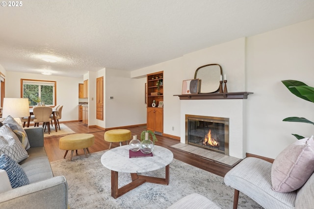 living room featuring hardwood / wood-style floors and a textured ceiling