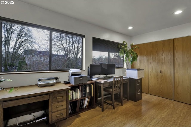 office space featuring recessed lighting and wood finished floors