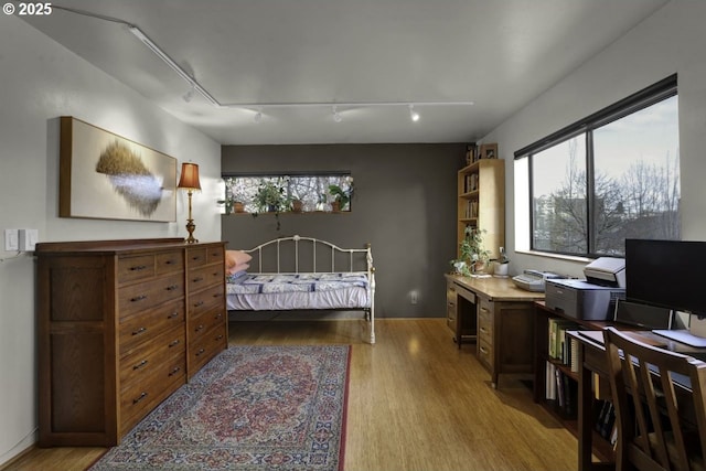 bedroom with multiple windows, track lighting, and light wood finished floors