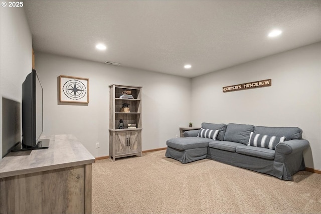 living room featuring light carpet, baseboards, visible vents, and recessed lighting