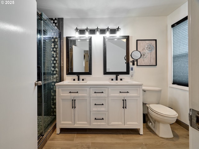 full bathroom with toilet, a stall shower, double vanity, and a sink