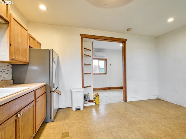 kitchen with recessed lighting, baseboards, light countertops, backsplash, and a wall mounted air conditioner