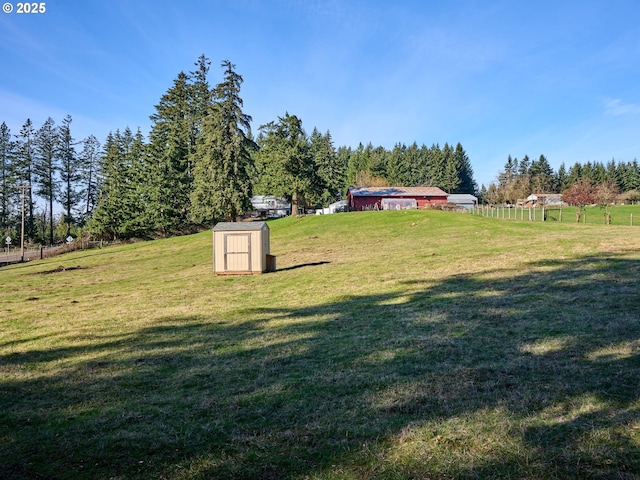 view of yard featuring an outbuilding and a storage shed