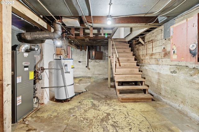 1937 SE Knight St, Portland, OR 97202 - unfinished below grade area featuring water heater, stairs, heating unit, and electric panel