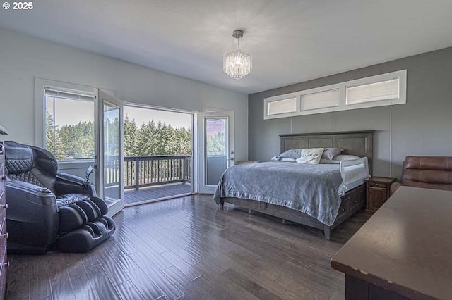 11364 James Way Dr SE, Aumsville, OR 97325 - bedroom featuring access to outside, a chandelier, and dark wood-style flooring