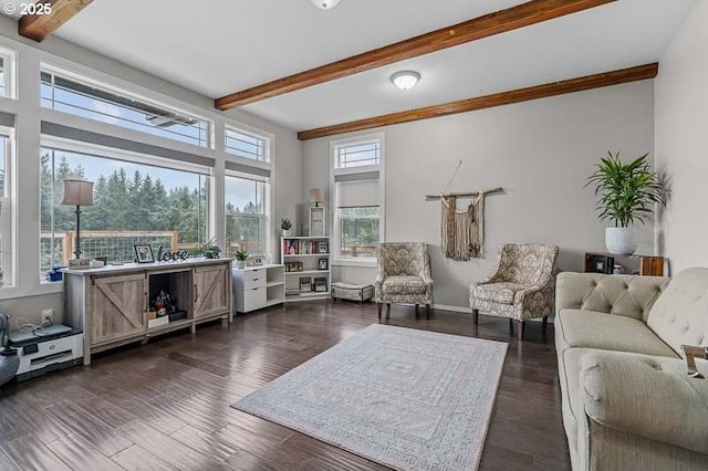 11364 James Way Dr SE, Aumsville, OR 97325 - living room featuring beam ceiling, dark wood-style flooring, and baseboards