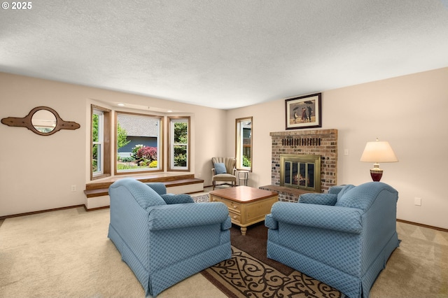 21456 SW 90th Ct, Tualatin, OR 97062 - carpeted living room featuring baseboards, a textured ceiling, and a fireplace