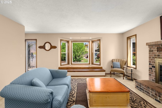 21456 SW 90th Ct, Tualatin, OR 97062 - living room featuring carpet, plenty of natural light, a fireplace, and a textured ceiling