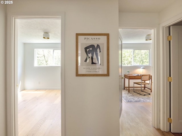 corridor with a textured ceiling and wood finished floors